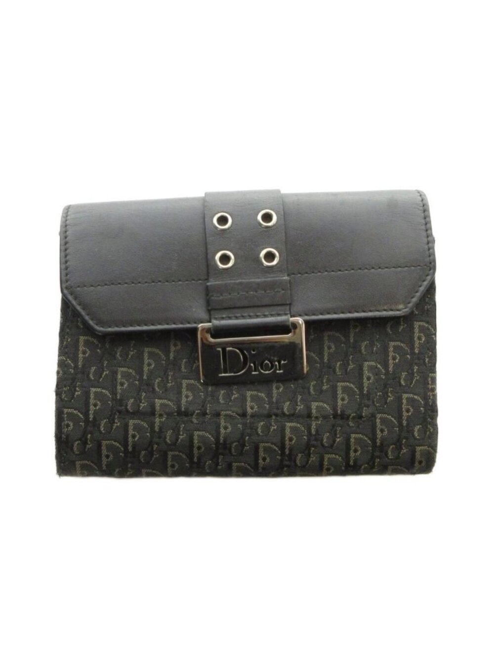 Dior Bifold Wallet Monogram Pattern Logo Metal Plate Leather Black